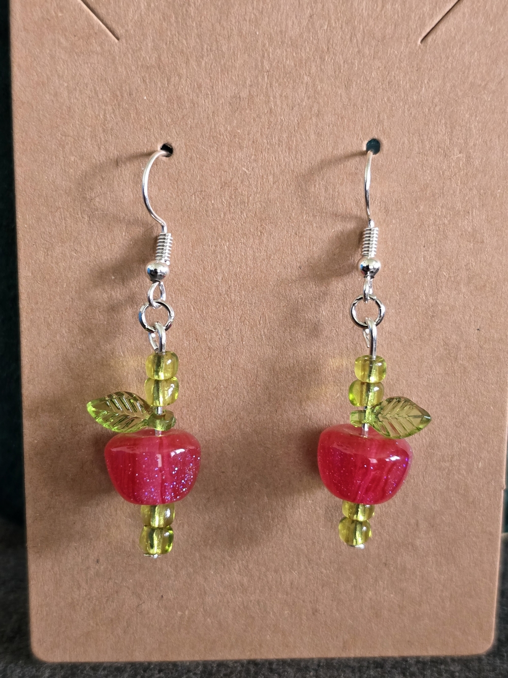 Glitter Apple Glass Dangle Earrings with Green Leaves Handmade 3 COLORS - Picture 5 of 12